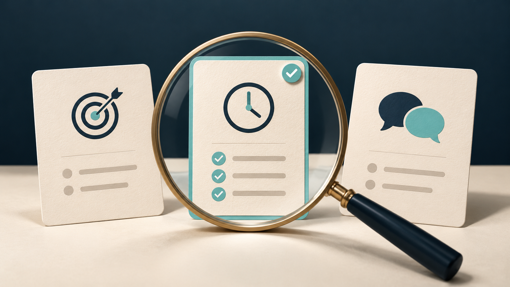 Magnifying glass examining a shortlisted partner proposal, alongside symbols for target fit, time and conversation.